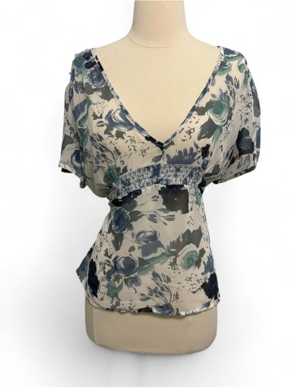 Womens Floral V-Neck Short Sleeve Blouse - Blue/Green